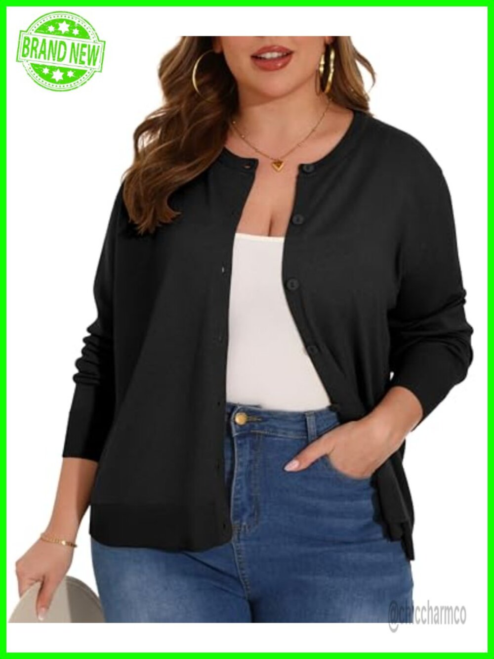 Plus Size Long Sleeve Crewneck Cardigan Classic Fall Knit Button Down